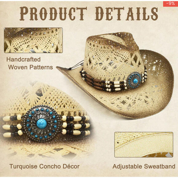 Fluffy Sense Straw Cowboy Cowgirl Hat Beaded Turquoise Hatband Shapeable Brim - Picture 7 of 8